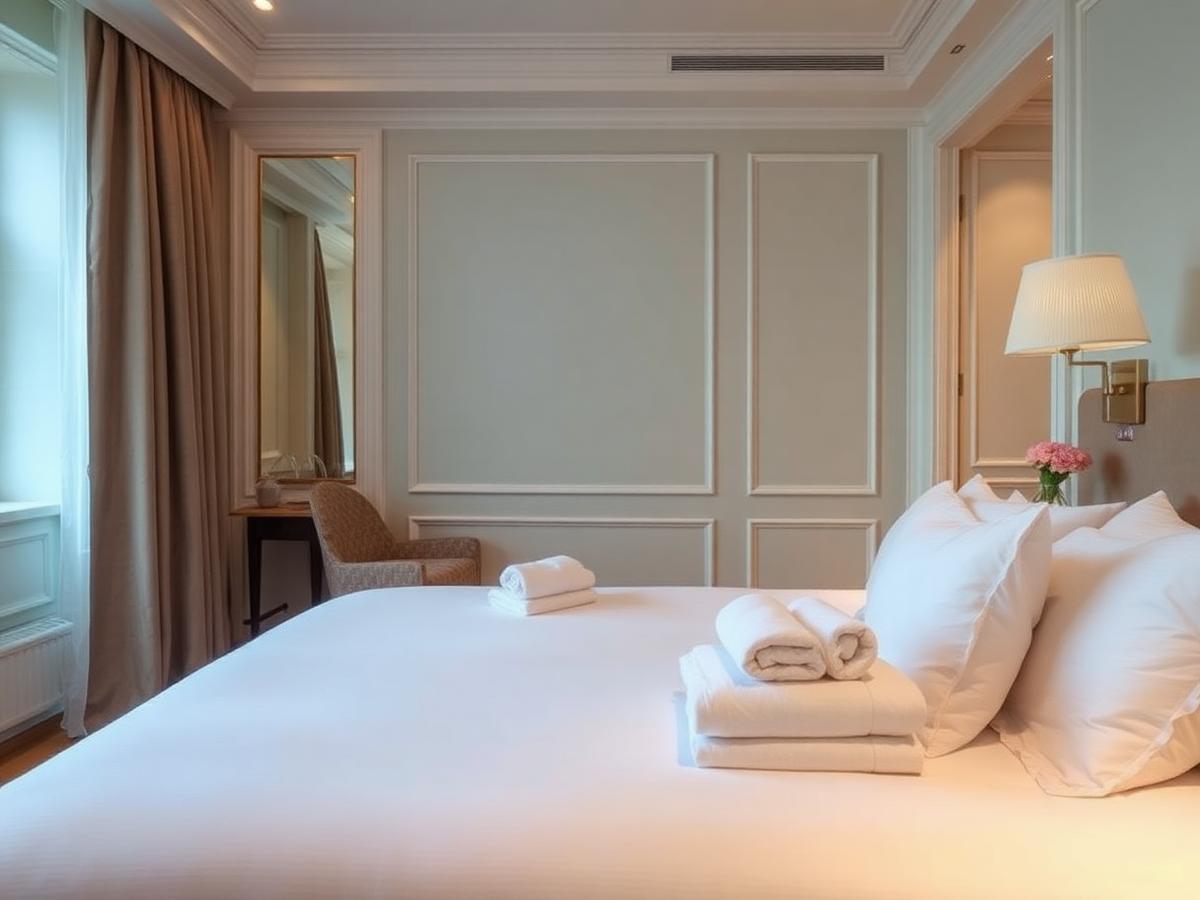 Quarto de hotel com roupa de cama branca impecável e toalhas dobradas